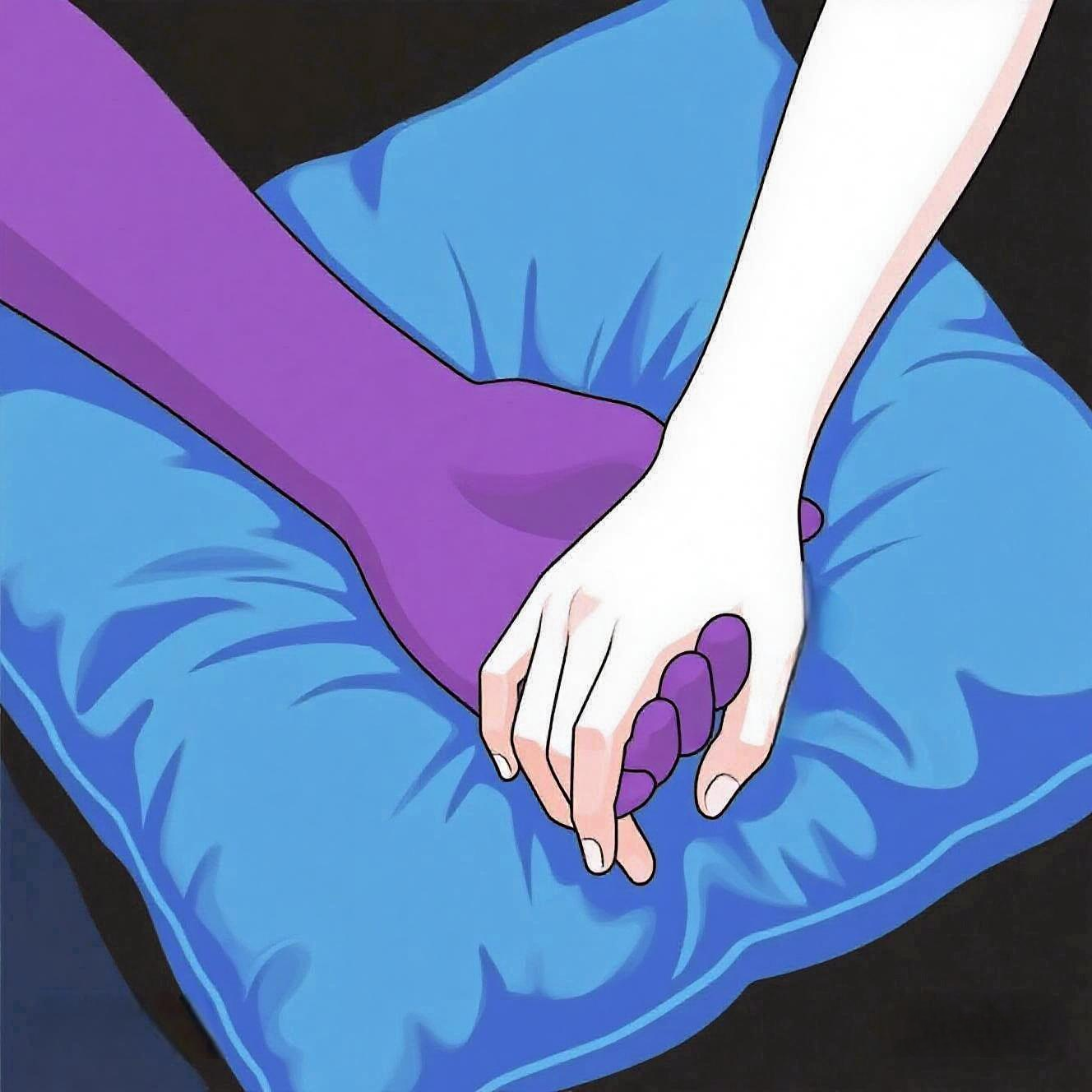 Artwork featuring hands holding on a pillow