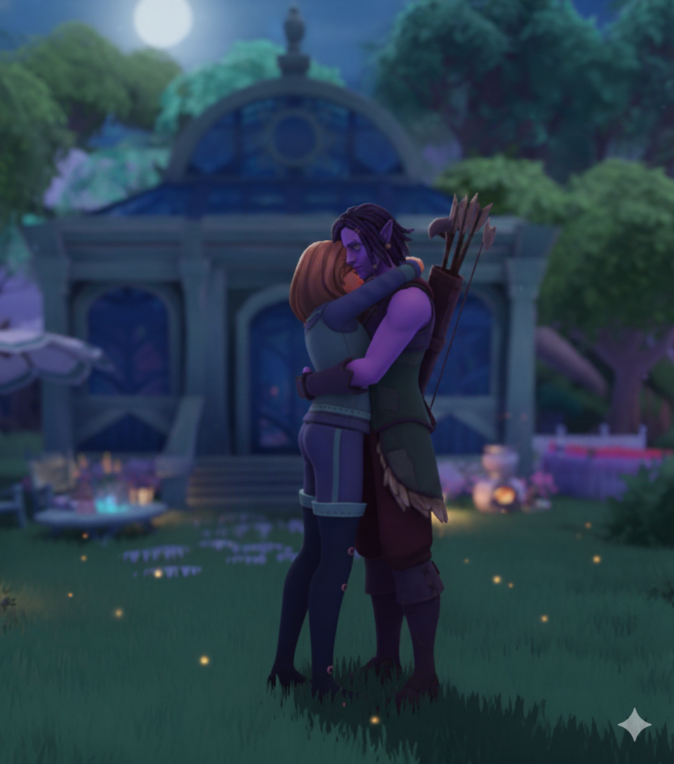 Artwork featuring Hassiand and Lyra embracing